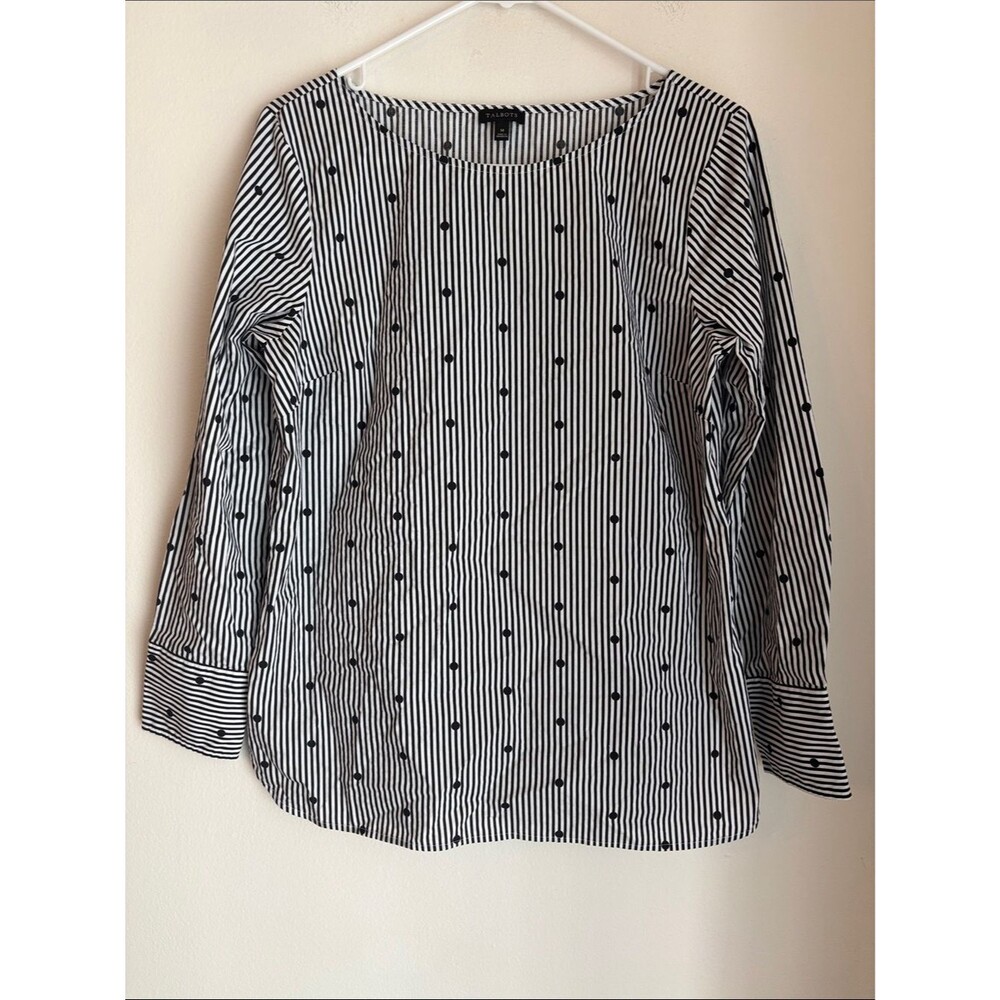Talbots polka dot Black White Striped 100% cotton Long-Sleeve Blouse MD GUC read